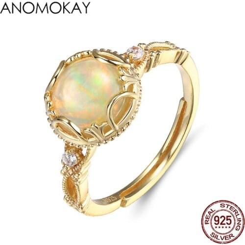 Anomokay Classic Mix Round Rose Quartz Gold Color Rings for Lovers Engagement Gift 925 Sterling Silver White CZ Resizable Ring