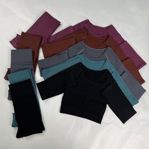 New Women Seamless Sportswear High Waist Sports Sets Nylon Stretchy Fitness Sets Long Sleeve Tops Summer Shorts Athletic Wear