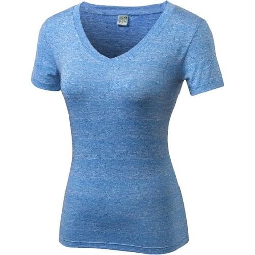 Summer Female Compression Sport Running V-neck line T-Shirts High Elastic Quick Drying Yoga Sports Tight Tops