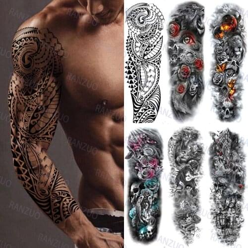 Men And Women Lion Tiger Skull Eagle Totem Geometric Big Arm Sleeve Temporary Waterproof Tattoo Sticker
