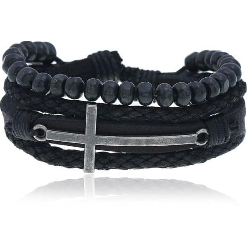 Jessingshow Men Women Jewelry Vintage Leather Bracelets & Bangles Alloy Cross Jesus Charm Bracelet Adjustable Wax Cord Bracelet