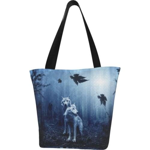 NOISYDESIGNS Cool Wolf Print Tote Bags Women Zipper Handbags Eco Reusable Shopping Bag Art Painting Shoulder Bags for School