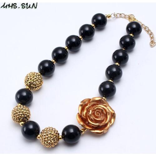 MHS.SUN Fashion Design Girls Kids Chunky Beads Necklace Gold Flower Child Toddler Bubblegum Necklace Handmade Jewelry New