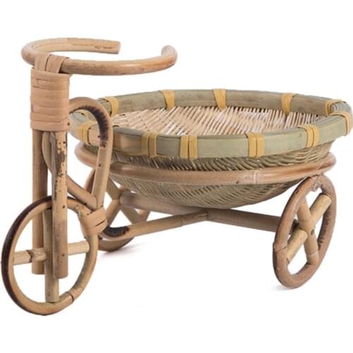 50LB Mini Tricycle Rattan Woven Fruit Basket Bamboo Handmade Wicker Storage Basket for fruit Food Bread Organizer Art Crafts
