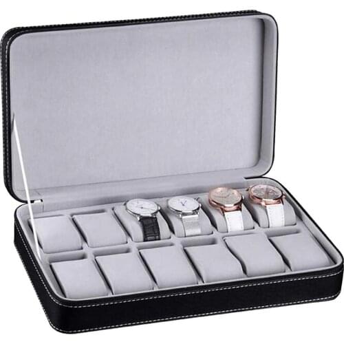 Portable Leather Watch Box Storage Boxes Black Zipper Jewelry box Organizer 6/10/12 Grids Watch Stand Travel Case New Gift Box