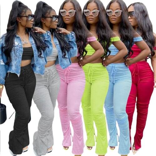 Echoine 2020 summer Sport Solid Women two piece set Tracksuits crop tops stacked flare jogger pants Suit Outfits Matching Set