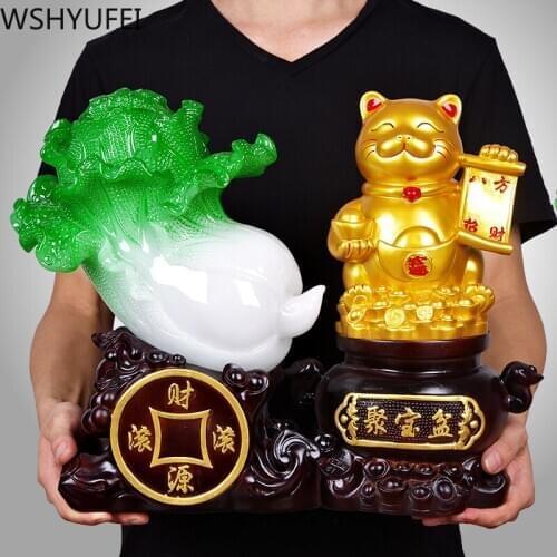 New Stylelucky Money Cat Chinese Cabbage Resin Statue Crafts Chiristmas Birthday Present Study Wine Cabinet Ornaments Decoration