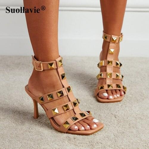 Suollavie Summer New Rivet High Heels Womens Sandals Gladiator Hollow Square Toe Luxury Brand Design Fashion Party Ladies Shoes