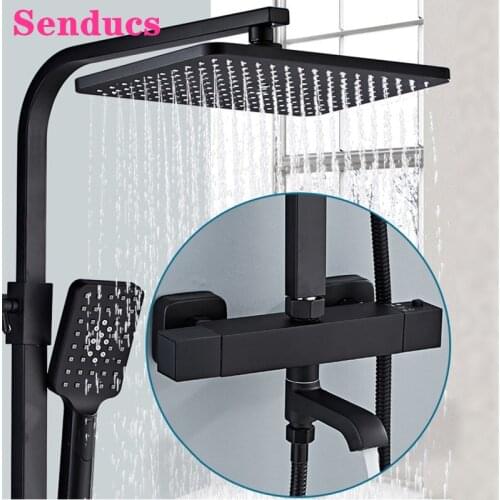 Thermostatic Bathroom Mixer Faucet Luxury Matte Black Thermostatic Bath Shower Set 12 Inch ABS Rainfall Shower Faucets Head