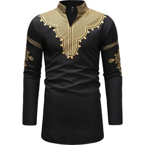 Extra Long African Dashiki Print Shirt Men 2020 Brand Hip Hop Streetwear African Clothes Men Long Sleeve Shirt Chemise Homme 3XL
