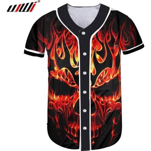 UJWI Casual 3D T Shirt Men Baseball Jersey Color Print Red Fire Skull 3d T-Shirts Man Gyms Sportwears Fitness Tees Tops Clothing