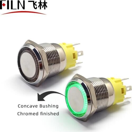 19mm Concave Bushing 6V 12V 110V 220V LED Momentary Latching Chromed finished anti vandal waterproof metal Push Button Switch