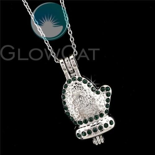 Green Rhinestone Gloves Snowflake Beads Cage Pendant Essential Oil Diffuser Pearl Cage Locket Necklace R-K1055