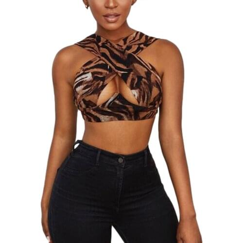 Women Backless Close-fitting Sexy Camisole Printed Polyester Casual Pattern Halter Neck Sleeveless Crop Tops