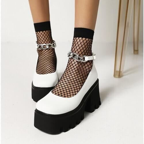 Womens Lolita Metal Chain Belt Buckle Gothic Punk Pumps Shoes Platform Chunky High Heel Creepers Japanese Harajuku 2021