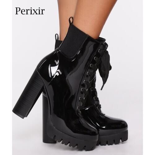 Perixir Design 2020 Women Autumn Ankle Boots Platform Chunky Heeled Gothic Lace-up High Heel Winter Bootie Sexy Ladies Shoes