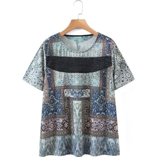 Women T-Shirts Za Summer Fashion Geometric Print Chiffon t-Shirts Short Sleeve Lace Transparent Oversized Bohemian Mujer Tops
