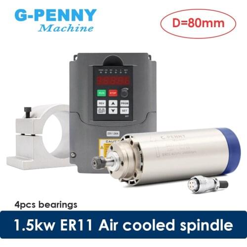 1.5kw air cooled spindle 80mm diameter ER11 4 pcs bearings air cooling CNC milling spindle & 80mm bracket & 220v 1.5kw Inverter