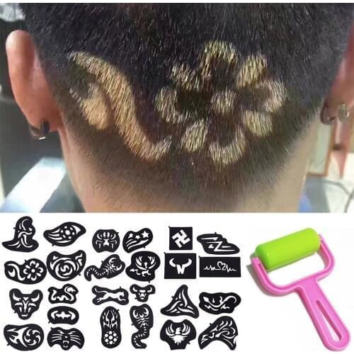 25pcs Multi-shapes Hair Tattoo Template Hair Trimmer Carving Pattern Stencil with 1pcs Dyeing Brush for DIY Salon Barber Tools