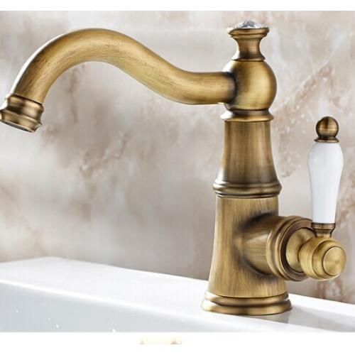 Free Shipping Solid Brass Bathroom Sink Basin Faucet Antique Brass Ceramics Handle Retro Style Mixer Tap Deck Mounted Water Tap