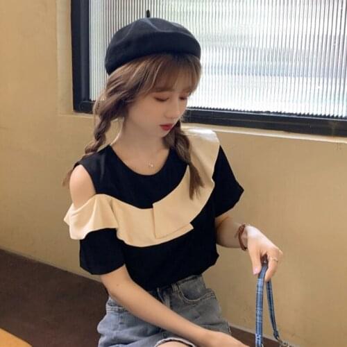 Ruffled Black Short-sleeved T-shirt Womens 2021 New Summer Loose And All-match Western-style Off-the-shoulder Tops
