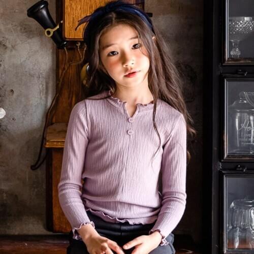 DFXD Children Girls Long Sleeve Soild Bottoming Shirt 2020 Spring Fashion Wood Ear Collar Cotton Tops 3-14Yrs Big Girl Clothes