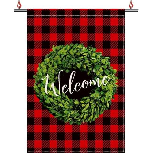 Welcome Garden Flag Vertical Double Sided Christmas Wreath Plaid Flag for Home Garden Yard
