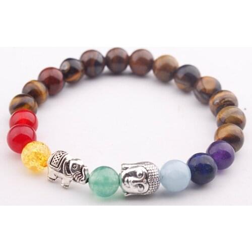 FYSL Silver Plated Elephant and Buddha Connect Many Colors Stone Round Beads Bracelet Healing Chakra Jewelry
