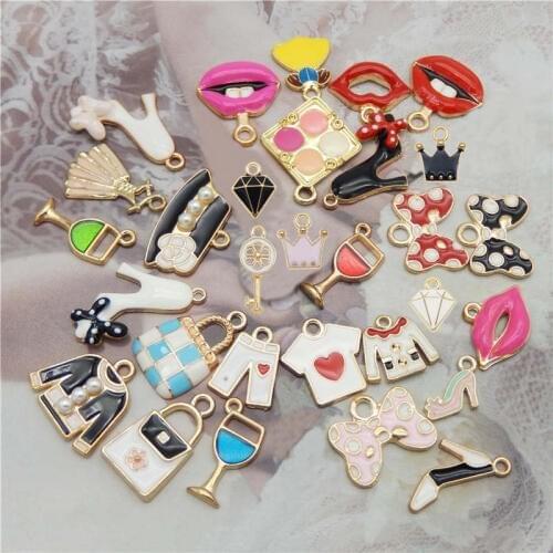 Julie Wang 25PCS Enamel Charms Random Mixed Clothes Lip Lipstick Cup Bag Shoes Alloy Necklace Bracelet Jewelry Making Accessory