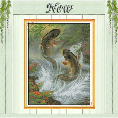 Carp leap animal fish Paintings home Decor Counted Print on canvas DMC 14CT 11CT DIY Cross Stitch Needlework Kit Embroidery Sets