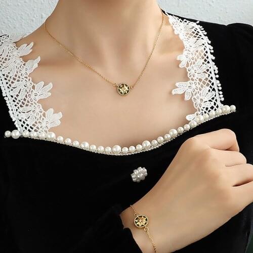 YAONUAN European Style Zircon Round Titanium Steel Gold Plated Bracelet/Necklace For Women Fashion Jewelry Set Party Accessories