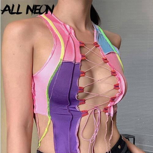 ALLNeon E-girl Style Fashion Lace Up Hollow Out Front Sleeveless Tank Tops Chic Patchwork Sew Sexy Party Tops Streetwear Pink