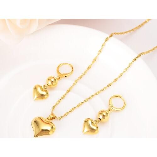 Fashion Gold Dubai Romantic Heart love rose Pendant Necklace Earrings Sets Wedding PNG Jewelry Sets for women bridal girl gift