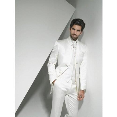Custom Made Groomsmen Shiny Ivory Groom Tuxedos Mandarin Lapel Men Suits Wedding Best Man 3 Pieces ( Jacket+Pants+Vest+Tie )C843