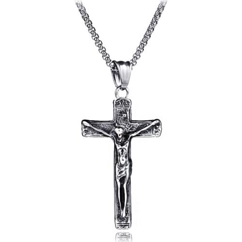 Vintage Christian Jesus Cross Necklace for Men Crucifix Catholic Stainless Steel Pendant Jewelry Church Prayer Accessory LN3026