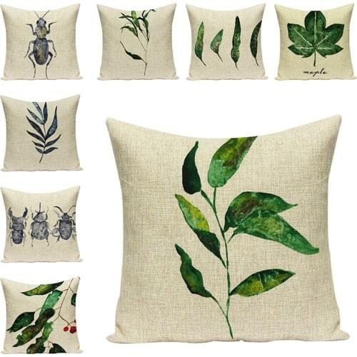 Green Leaves Printing Cushion Covers Pillow Case Cotton Linen Insect Sofa Decorative Cushions Pillow For Chair Home Decor Gift