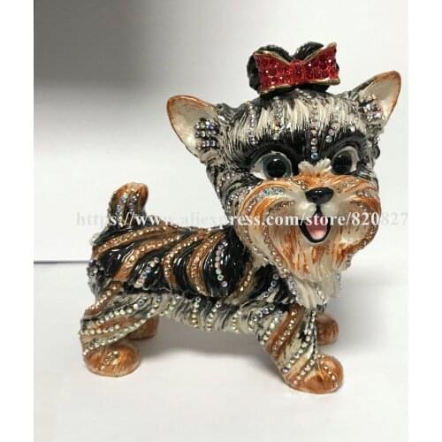 New Dog Figurine Trinket Dog Bejeweled Czech Rhinestone Enamel Trinket Hinged Gift Box Dog Jewelled Trinket Box