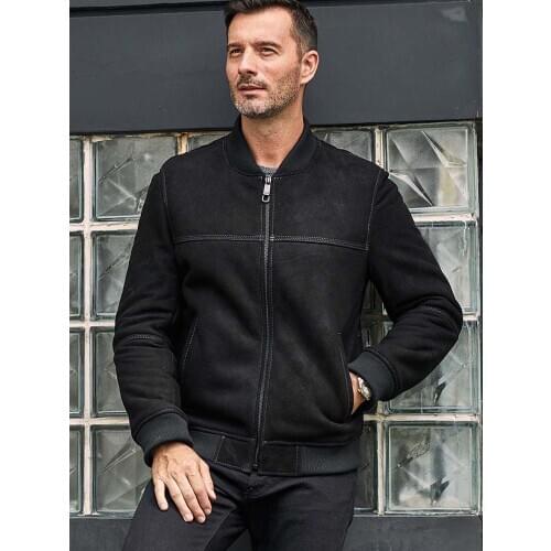 New Mens Shearling Coat Black Leather Jacket Short Fur Overcoat Baseball Uniform Warmest Winter Outwear