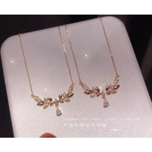 New Exquisite Shiny Water Drop Zircon Pendant Necklace Simple Jewelry Leaf Shape Wild Temperament Birthday Gift