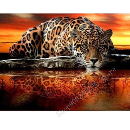 Official Store Diamond Painting Animal Panther Lake Diamond Embroidery Full Set Diamond Mosaic Rhinestone Decorations FF2646
