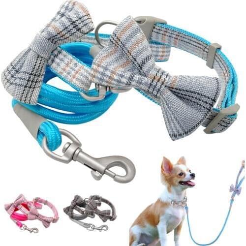 Small Dog Collar Bow and Leash Set Bowknot Nylon Girl Dog Collars and Leads Rope for Puppy Medium Boy Dogs Pitbull Chihuahua