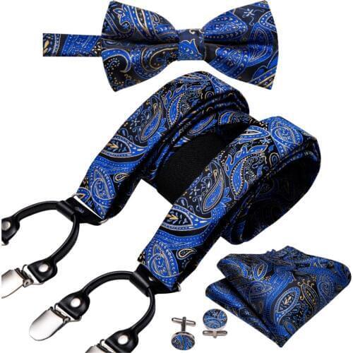 Blue Bowtie Suspender Set for Men Silk Bows Fashion Back Strap Floral Bowtie Paisley Suspender Adjustable BD-2014 Barry.Wang