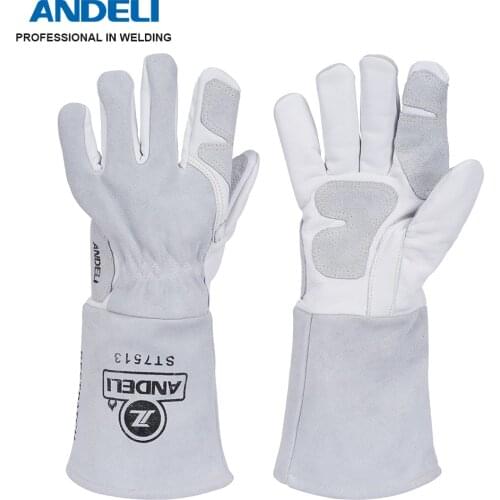 ANDELI Welding Gloves For Kitchen Stove Heat/Welder Works/BBQ Glove Sheepskin&Cattle Split Leather White Gray with Cotton Lining