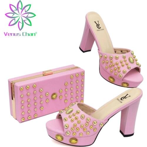Decorate with Rhinestone Nigerian Women Shoes and BagS Set Sweet Style in Pink Color Winter New Arrivasl for Weddding