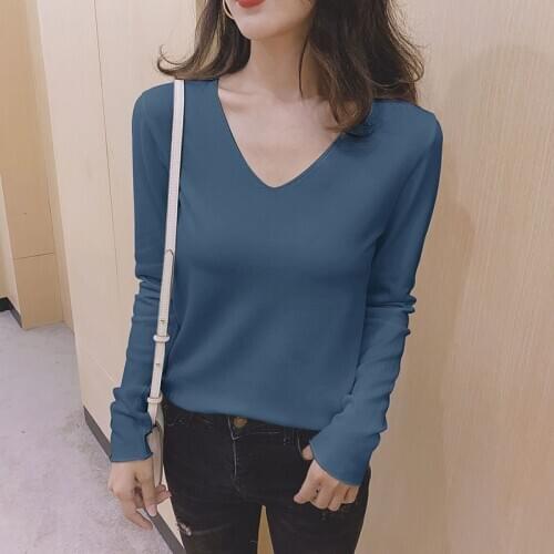 Knitted Sweater Women 2020 V neck Long Sleeve Solid Color Basic Casual Thin Bottoming Shirts Soft Autumn Winter Lady Tops