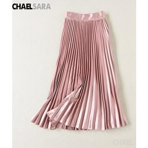 2020 Spring Autumn Pink Satin Pleated Skirts Womens Elegant Solid High Waist A-Line Midi Skirts Ladies