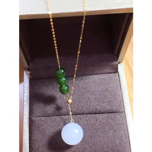 Jewelry 14k gold inlaid natural Hetian white jade 12mm round bead pendant necklace Sexy clavicle chain
