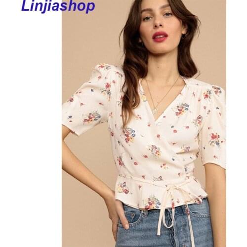 Vintage Floral Print Women Shirt Elegant Summer Top With Sashes V Neck Short Sleeves Holiday Chiffon Shirt Femme Vestidos