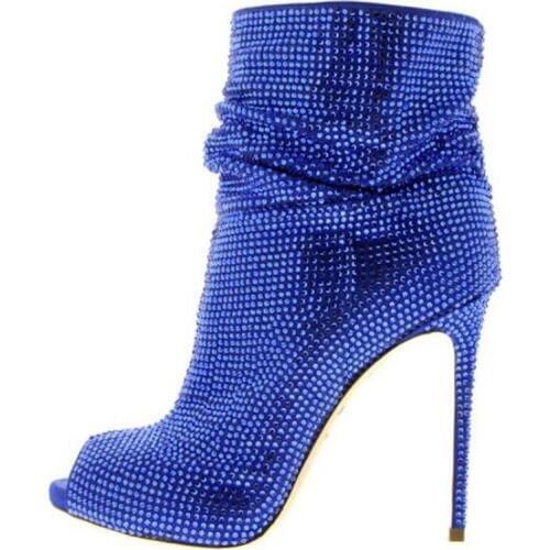 New Arrive color Blue Rhinestone Women Peep Toe Ankle Boots Full Shiny Crystal Ladies High Heel Boots Slip On Stiletto Boots