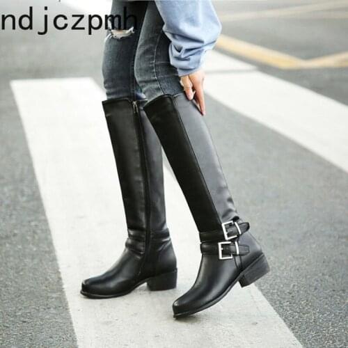 Long Boots Winter The New Fashion Round Head Zipper Belt Buckle Comfortable Low-heeled Thigh High Boots Womens Shoes Size 33-47